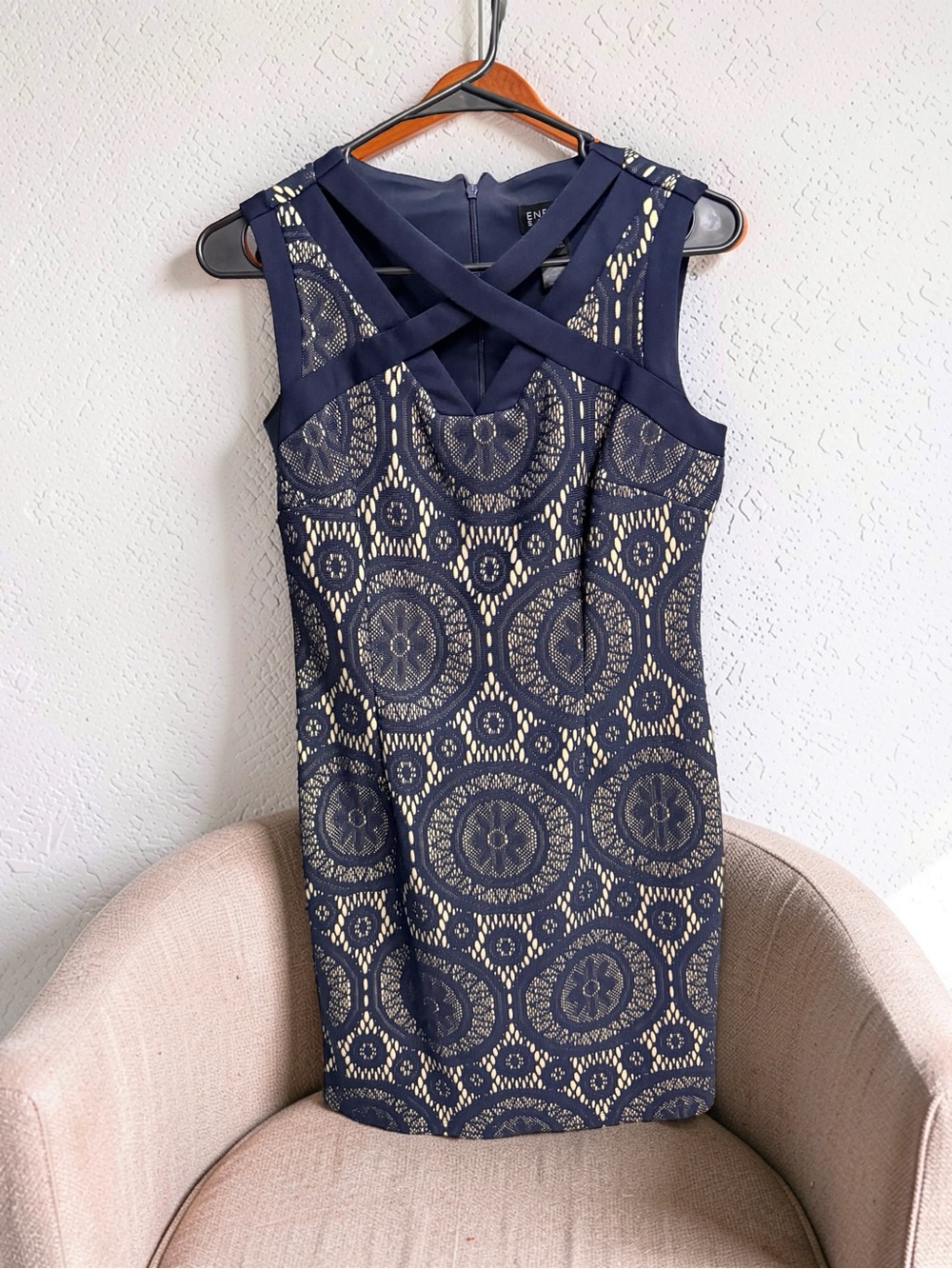 Enfocus Studio Navy and Cream Lace-Overlay Sheath Dress with Crisscross Straps